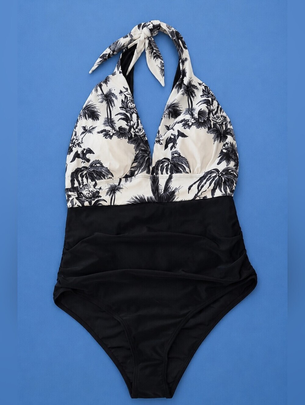 NWOT Micas Swimwear One Piece Swimsuit Large Halter Tropical Print Ruched